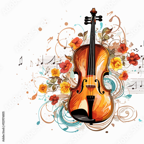 Melodic violin and musical notes on white background illustration for music enthusiasts