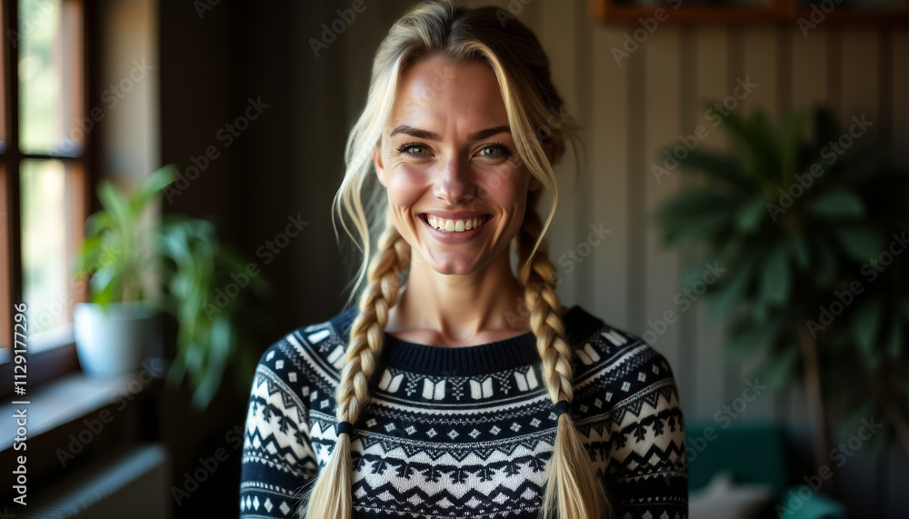 Young beautiful northern woman posing in a warm sweater with a traditional pattern Young beautiful northern woman posing in a warm sweater with a traditional pattern