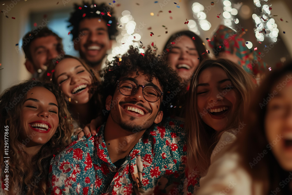 A joyful group of deverse friends, wearing festive smiling and having fun at a lively New Year's Eve party, inside, confetti flying A joyful group of deverse friends, wearing festive smiling and having fun at a lively New Year's Eve party, inside, confetti flying