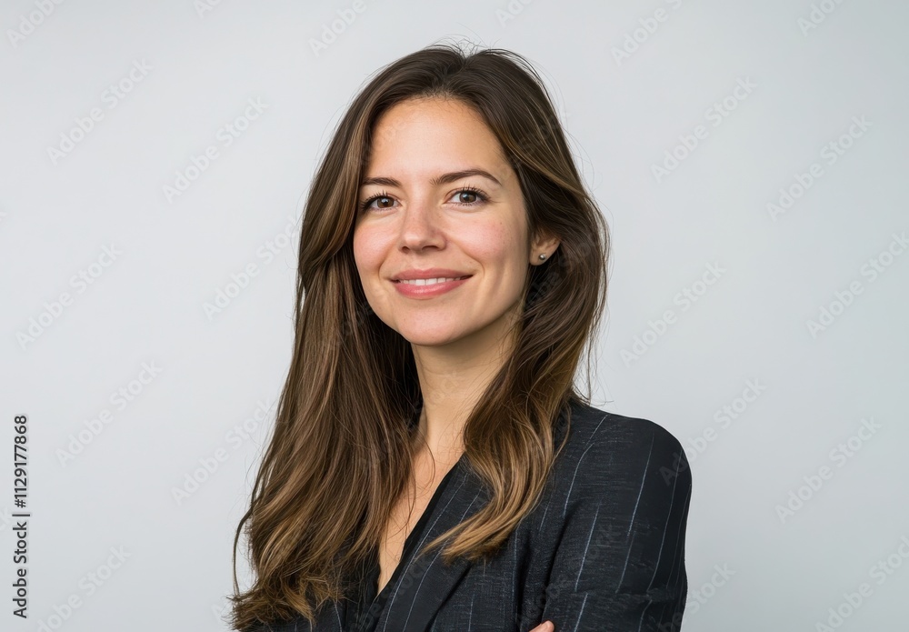 Confident young businesswoman with long hair standing against a light gray background, wearing a professional outfit, portraying success and approachability in a corporate environment Confident young businesswoman with long hair standing against a light gray background, wearing a professional outfit, portraying success and approachability in a corporate environment