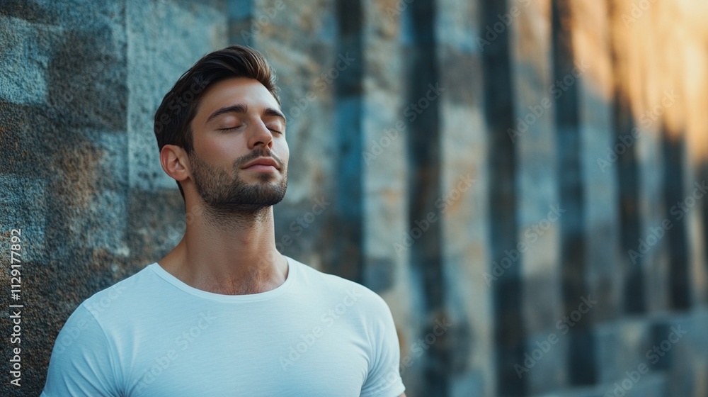 Young man in white t-shirt meditating with closed eyes against urban wall background, peaceful expression on face illuminated by warm sunlight, mindfulness concept. Young man in white t-shirt meditating with closed eyes against urban wall background, peaceful expression on face illuminated by warm sunlight, mindfulness concept.