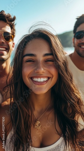 Carefree summer vibes radiate through genuine smiles and sun-kissed faces as friends enjoy a perfect beach day together, capturing pure joy and friendship in golden afternoon light.