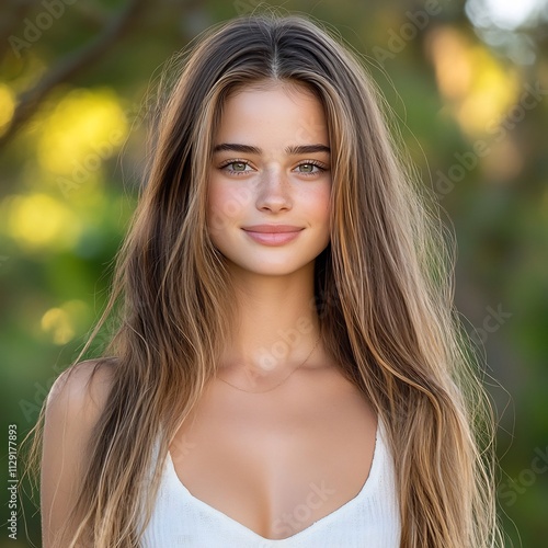 Confident and Radiant Woman in a Magical Natural Setting During Golden Hour photo