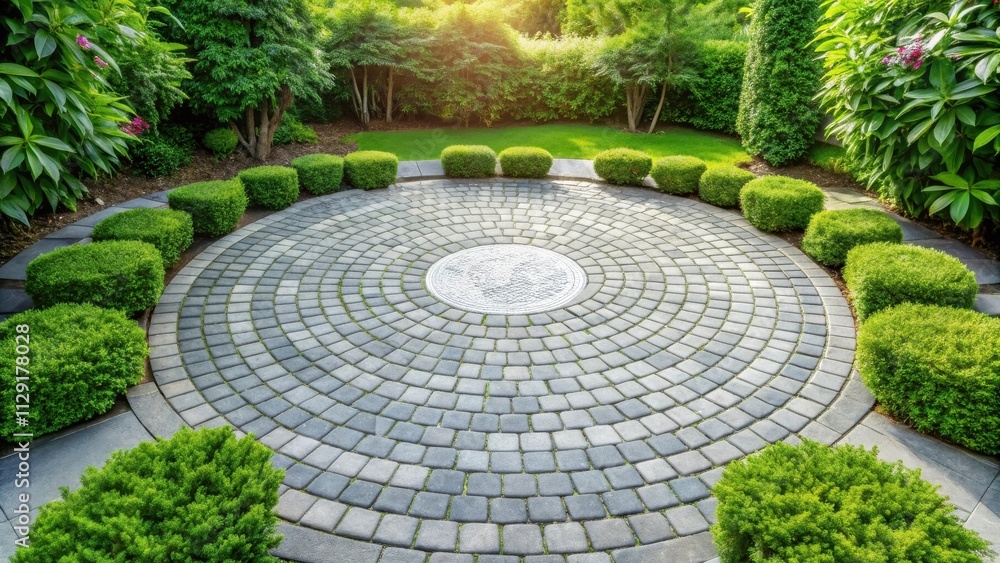 A circular stone patio surrounded by lush green shrubbery, creating a serene and inviting outdoor space. A circular stone patio surrounded by lush green shrubbery, creating a serene and inviting outdoor space.
