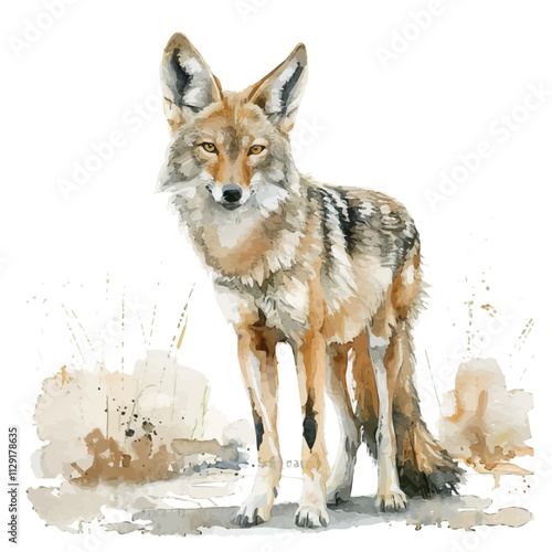 A watercolor clipart of a coyote, isolated on a white background. Coyote vector.