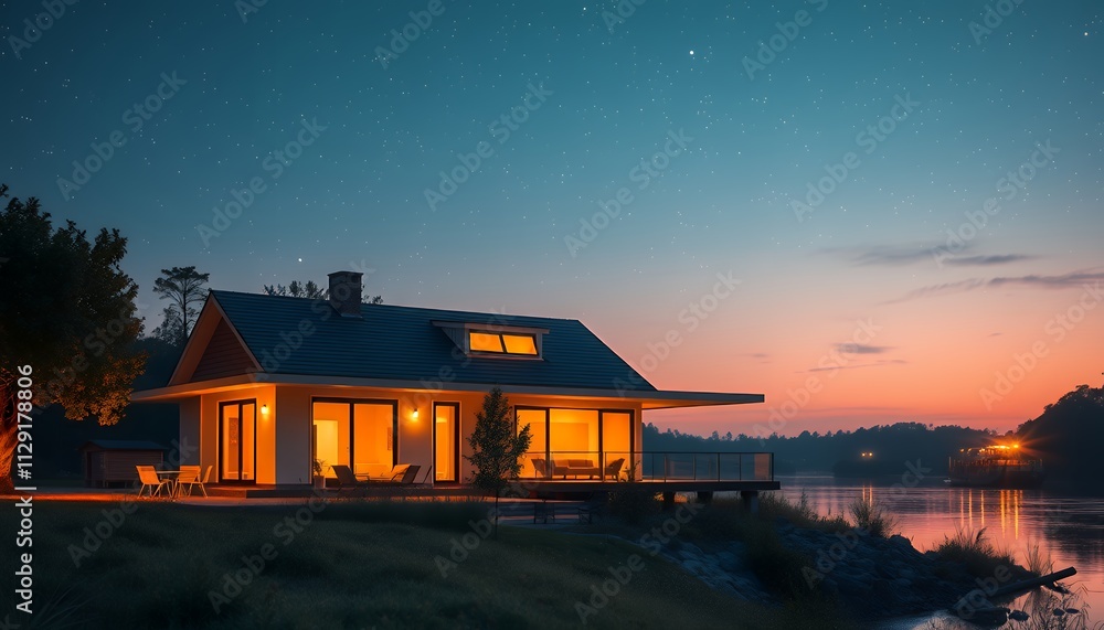 A modern house glows warmly at sunset, overlooking a calm lake under a starry sky. Peaceful and serene. A modern house glows warmly at sunset, overlooking a calm lake under a starry sky. Peaceful and serene.