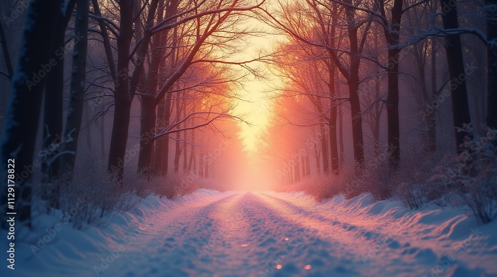 Magical Winter Sunset: A Snow-Covered Path Through a Dreamlike Forest Magical Winter Sunset: A Snow-Covered Path Through a Dreamlike Forest