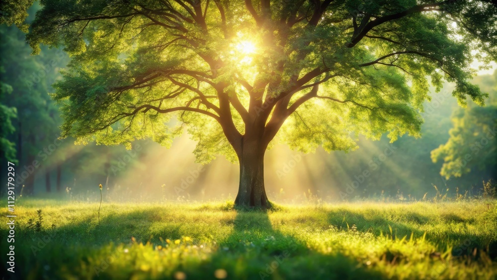 Obraz premium Sunlight filtering through the leaves of a large tree in a forest clearing, illuminating the lush green grass and casting long shadows on the ground