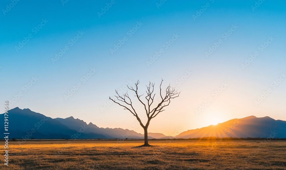 Lone dead tree at sunset in a field with mountains.