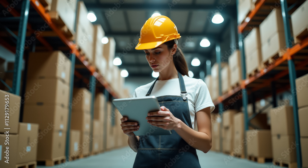 Young woman Storekeeper checks goods in stock with tablet in hands Young woman Storekeeper checks goods in stock with tablet in hands