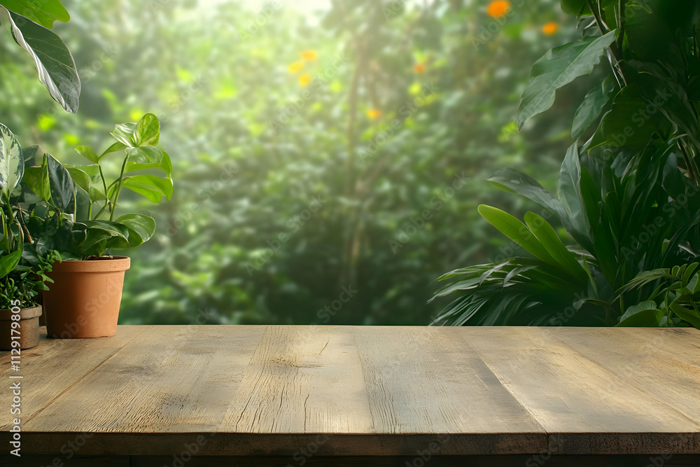 Wooden Tabletop Green Nature Background Illustration Wooden Tabletop Green Nature Background Illustration