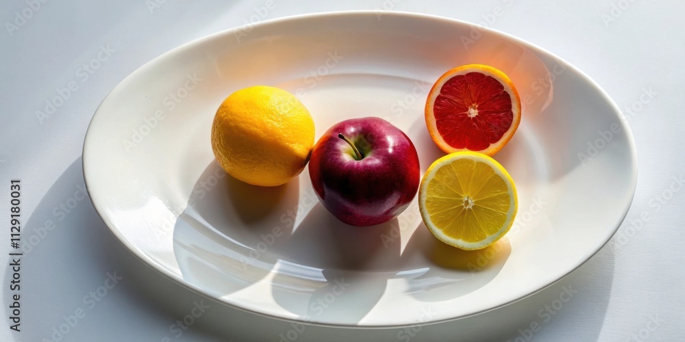 A Fresh Fruit Arrangement Featuring a Lemon, Red Apple, and Citrus Fruit on a White Plate A Fresh Fruit Arrangement Featuring a Lemon, Red Apple, and Citrus Fruit on a White Plate