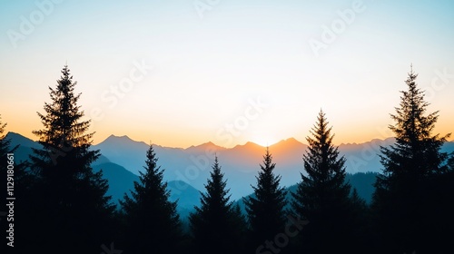 Majestic sunset over silhouetted mountain range and pine trees.