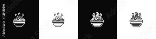 Hot noodles in bowl icon with simple vector shape. Takeaway food icon.  Ramen noodle vector graphic. Collection of flat and linear style noodle symbols on black, white and transparent backgrounds.