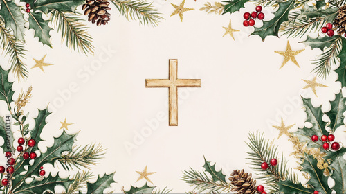 Catholic Christmas Banner Header Website Template,  Wallpaper Background of Radiant Gold Cross of Jesus and Decor, Xmas Christian Holiday 