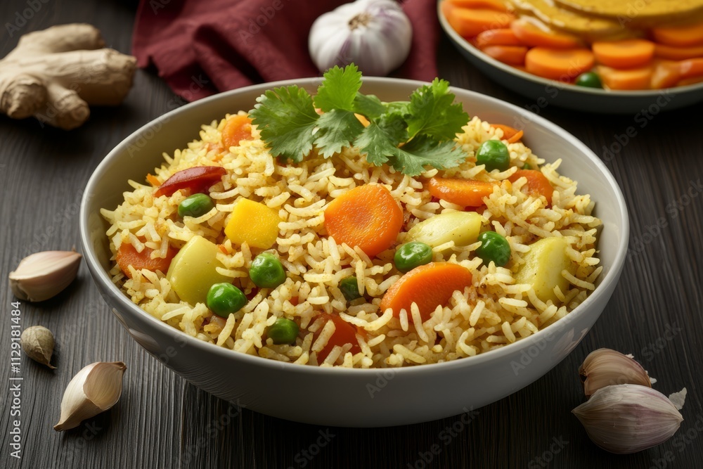 Delicious vegetable rice in a gray bowl, garnished with cilantro, alongside ginger, garlic, and carrots. Delicious vegetable rice in a gray bowl, garnished with cilantro, alongside ginger, garlic, and carrots.