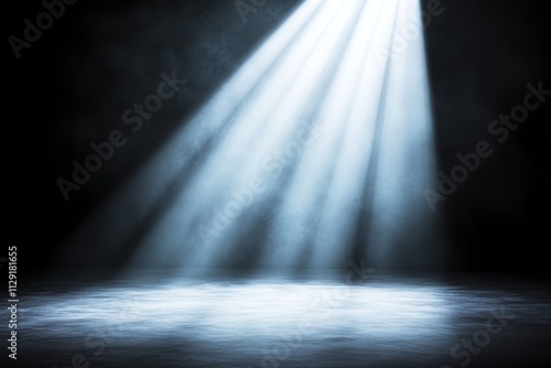 Bright spotlight beam cutting through smoky dark room.