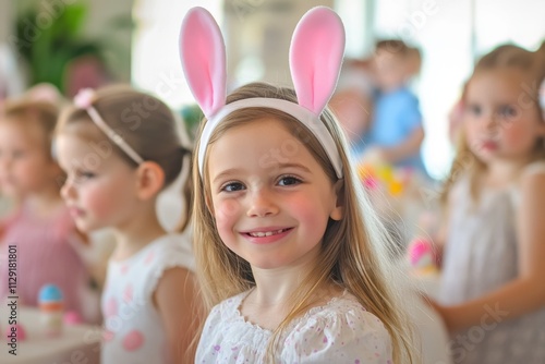 A cute young girl is seen joyfully wearing bunny ears at a lively children's party, embodying cheerfulness and innocence in a festive environment.