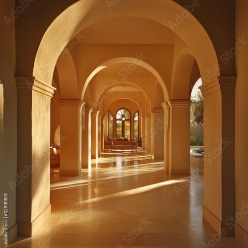 serene architectural hallway with arches and natural light
