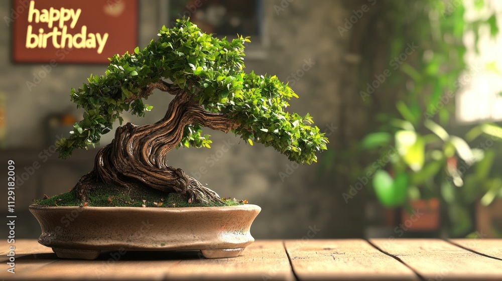 Bonsai tree on wooden table, birthday background. Bonsai tree on wooden table, birthday background.