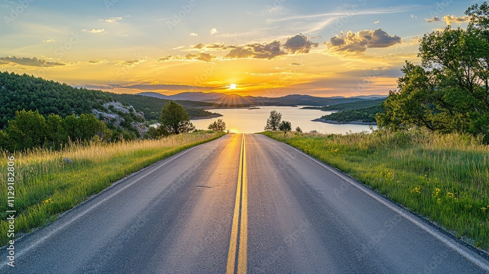 The empty road leading to the lake by sunset The empty road leading to the lake by sunset