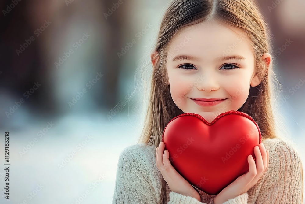 A joyful child with a big heart-shaped symbol, capturing emotions of warmth and love against a serene winter backdrop. Perfect for themes of innocence and happiness. A joyful child with a big heart-shaped symbol, capturing emotions of warmth and love against a serene winter backdrop. Perfect for themes of innocence and happiness.