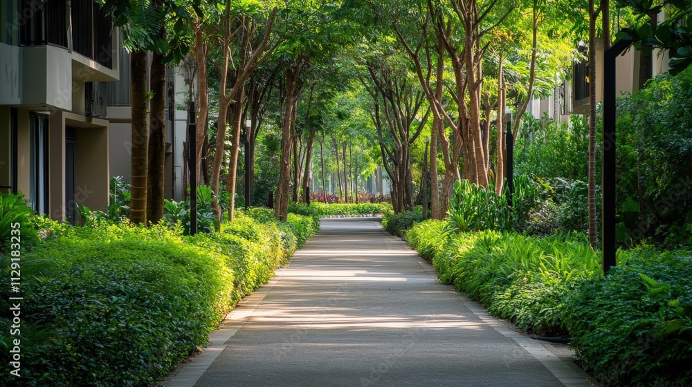 serene pathway through lush greenery in a modern setting serene pathway through lush greenery in a modern setting
