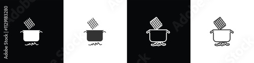 Boiling noodles icon. Instant noodles boiled in hot water in a pan. Instant food icon. Ramen noodle vector. Collection of flat and linear style noodles on black, white and transparent background.