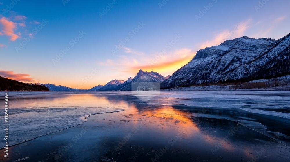 Fototapeta premium Mountain lake sunset reflection, winter ice.