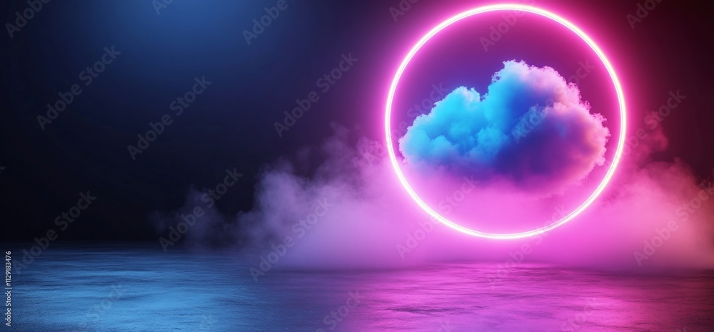Obraz premium Neon circle frame with cloud in a smoky environment.