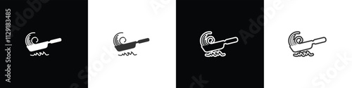 Noodle cooking icon. Instant noodles cooked in a pan. Instant food icon. Ramen noodle vector graphic. Collection of flat and linear style noodles on black, white and transparent background.