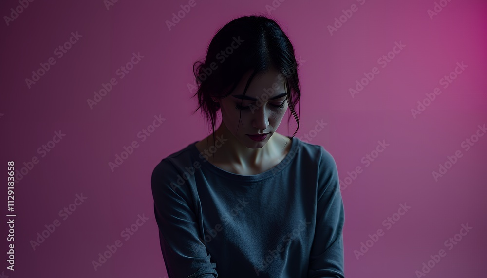 A young woman with dark hair sits pensively against a vibrant pink backdrop. The image conveys a sense of quiet contemplation. A young woman with dark hair sits pensively against a vibrant pink backdrop. The image conveys a sense of quiet contemplation.