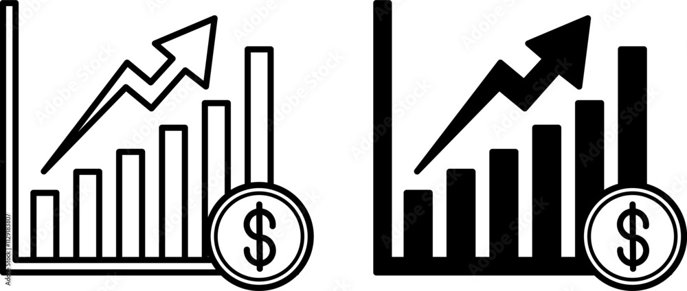 Profit Icons. Black and White Vector Illustration. Rising Chart, Up Arrow, Dollar Sign. Income Increase. Stock Market Concept Profit Icons. Black and White Vector Illustration. Rising Chart, Up Arrow, Dollar Sign. Income Increase. Stock Market Concept