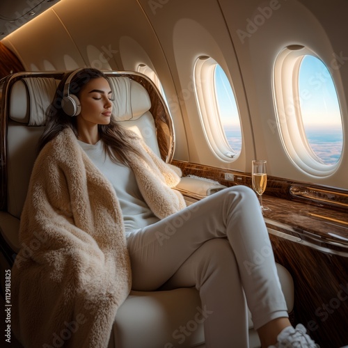 A woman wearing headphones enjoys the comfort of a luxurious airplane seat, wrapped in a cozy blanket, with a glass of champagne beside her during the flight.