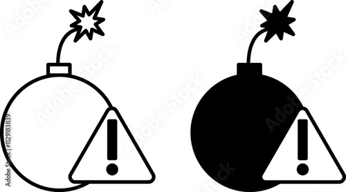 Risk Icons. Black and White Vector Illustrations. Bomb with Burning Fuse and Danger Sign. Risk in Business. Stock Market Concept