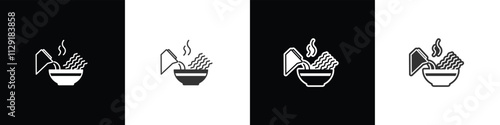 Brewed noodles icon. Instant noodles brewed with hot water. Instant food icon. Ramen noodle vector graphic. Collection of flat and linear style noodles on black, white and transparent background.