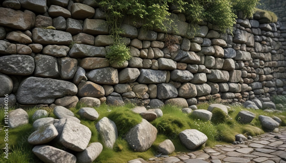 Ancient stone wall with weathered mortar and moss-covered stones, overgrown vegetation, rugged terrain Ancient stone wall with weathered mortar and moss-covered stones, overgrown vegetation, rugged terrain