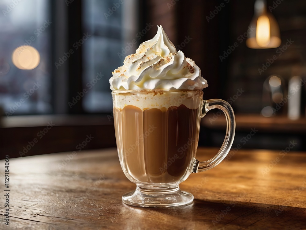 Un vaso elegante lleno de café espresso con una capa de crema batida en la parte superior, adornado con un toque de chocolate derretido Un vaso elegante lleno de café espresso con una capa de crema batida en la parte superior, adornado con un toque de chocolate derretido