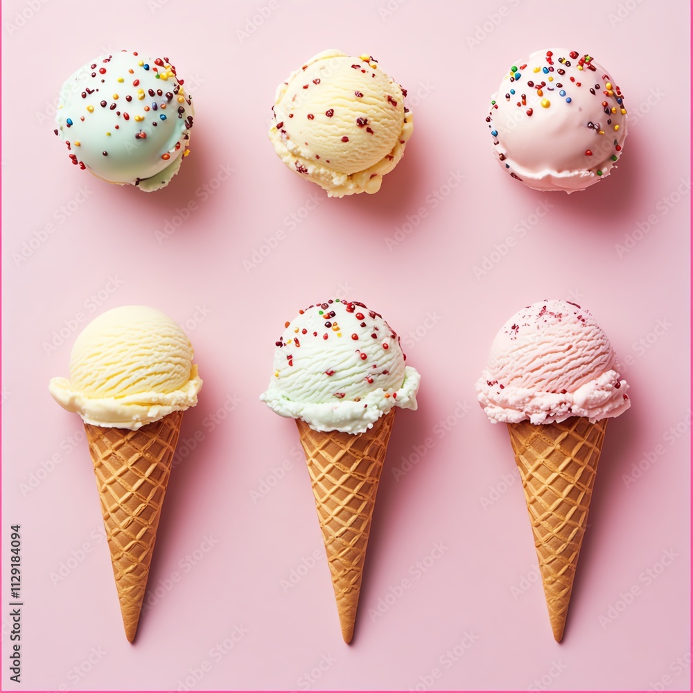 Colorful Ice Cream Scoops and Cones on Pink Background Colorful Ice Cream Scoops and Cones on Pink Background