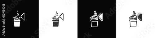Brewed cup noodles icon. Instant noodles brewed in a cup. Instant food icon. Ramen noodle vector graphic. Collection of flat and linear style noodles on black, white and transparent background.
