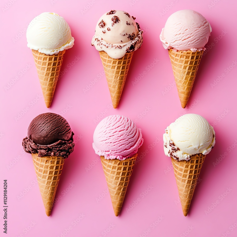 Six Ice Cream Cones on Pink Background Six Ice Cream Cones on Pink Background