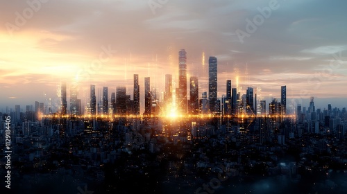 Futuristic Smart City Skyline with Interconnected IoT Data Overlays and Glowing Architecture at Sunset