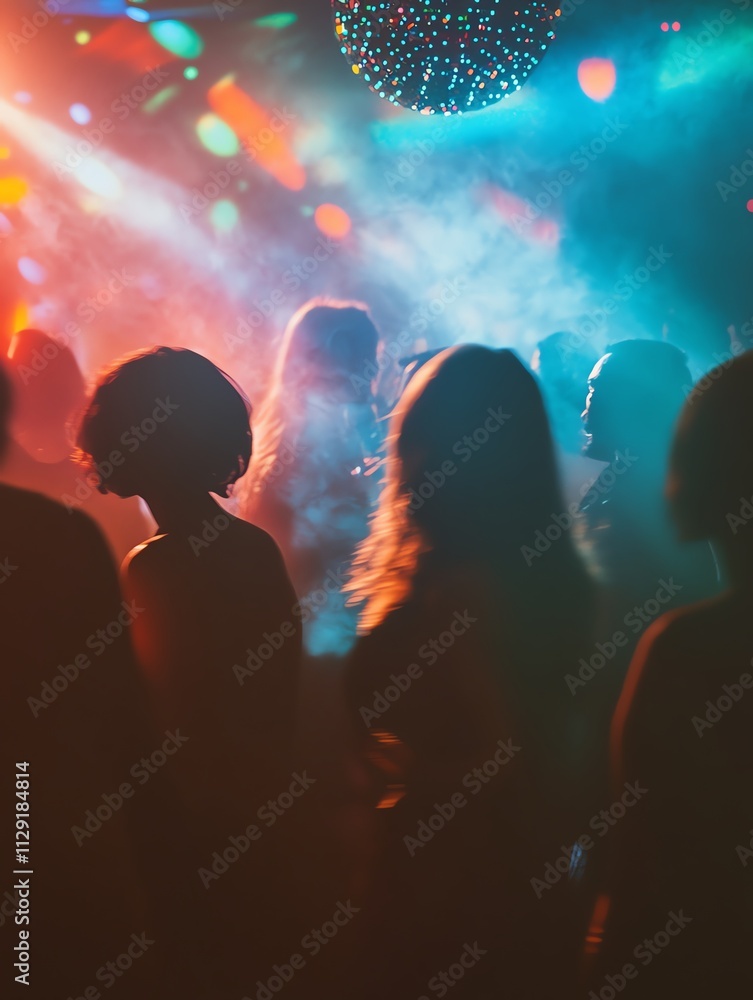 Silhouetted Figures Dancing in a Nightclub with Colorful Lighting Silhouetted Figures Dancing in a Nightclub with Colorful Lighting