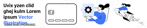 Credit card icon, person configuring settings, and individual riding a rocket symbolize efficient business processes and technological advancement. Ideal for business, technology, finance, teamwork