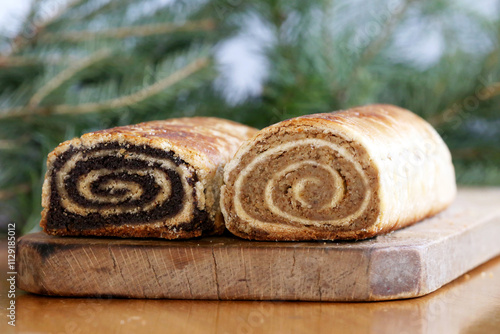 Homemade walnut and poppy seed rolls aka beigli in Hungary. Traditional hungarian christmas or easter cake bejgli at christmastime