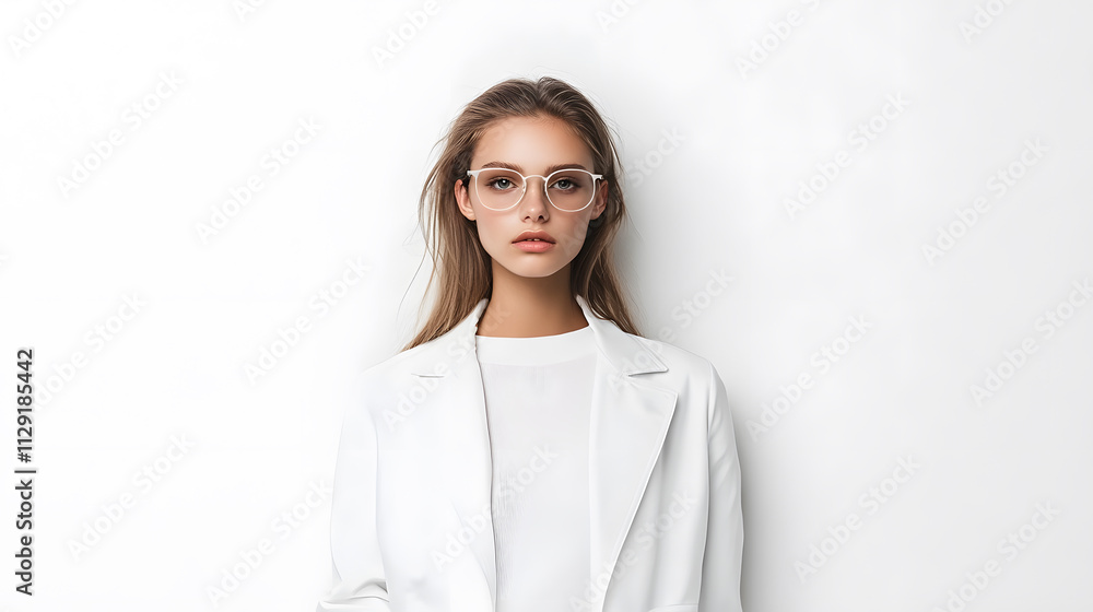 stylish woman in white blazer and glasses poses confidently against plain background, exuding professionalism and elegance stylish woman in white blazer and glasses poses confidently against plain background, exuding professionalism and elegance