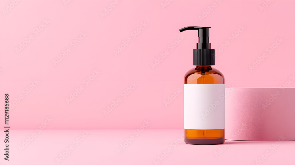 Realistic product mockup of cosmetic bottle on pink background, showcasing elegance and simplicity Realistic product mockup of cosmetic bottle on pink background, showcasing elegance and simplicity
