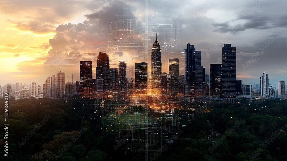Fototapeta premium Glowing Futuristic Cityscape with Renewable Energy and Sustainable Infrastructure