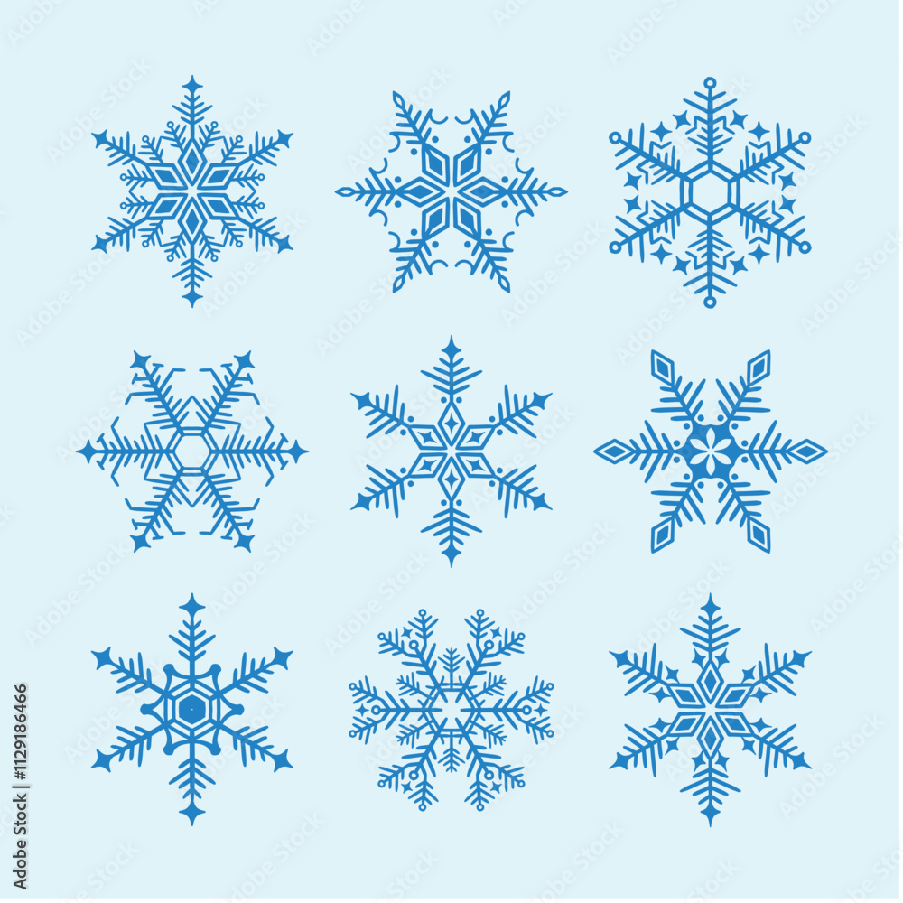 Snowflake variations icon collection. Snowflakes Blue ice crystal on blue background. Winter symbol. Christmas logo sign. Snowflake variations icon collection. Snowflakes Blue ice crystal on blue background. Winter symbol. Christmas logo sign.