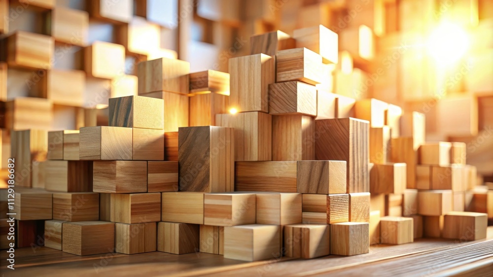 A Structure of Natural Wooden Blocks Bathed in Warm Sunlight, Creating a Sense of Order and Complexity A Structure of Natural Wooden Blocks Bathed in Warm Sunlight, Creating a Sense of Order and Complexity